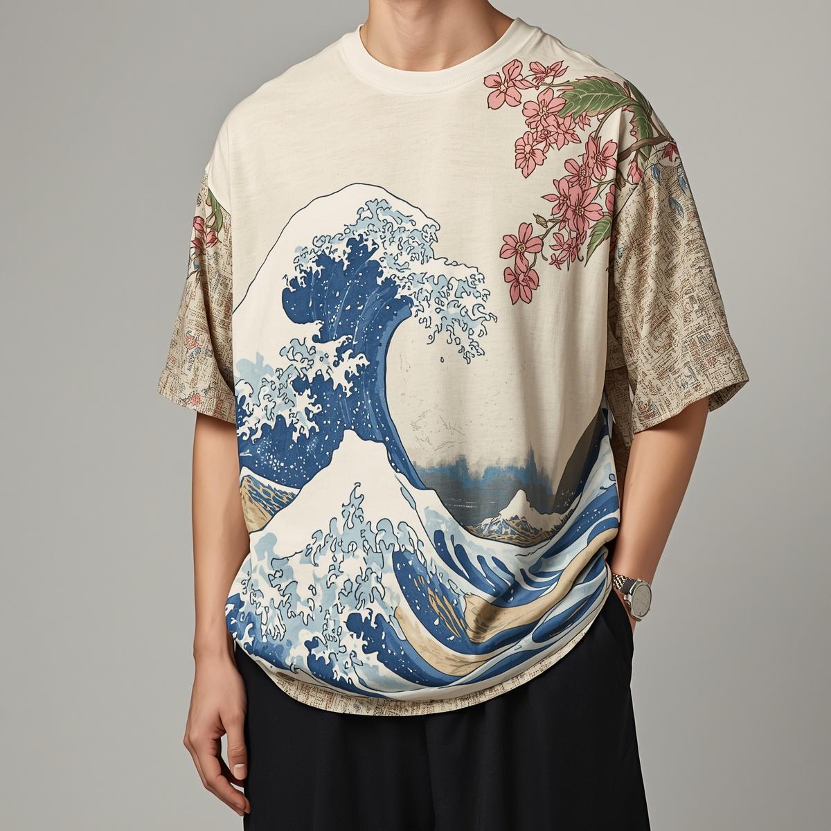 Great Wave Japandi Art Oversized Tee